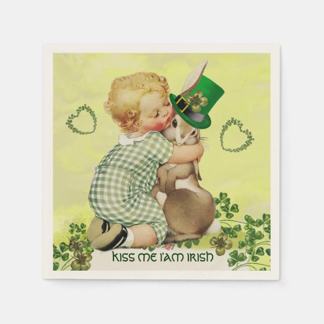 BABY HUGGING RABBIT IRISH ST. PATRICK'S DAY PARTY NAPKIN (Front)