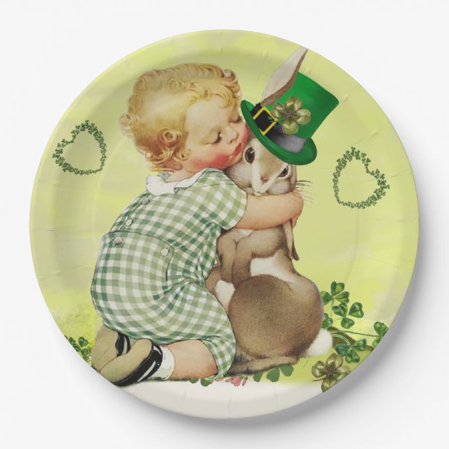 BABY HUGGING RABBIT IRISH ST. PATRICK'S DAY PARTY PAPER PLATE (Front)
