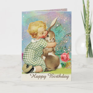 BABY HUGGING RABBIT,Pink Roses,Teal Blue Birthday Holiday Card