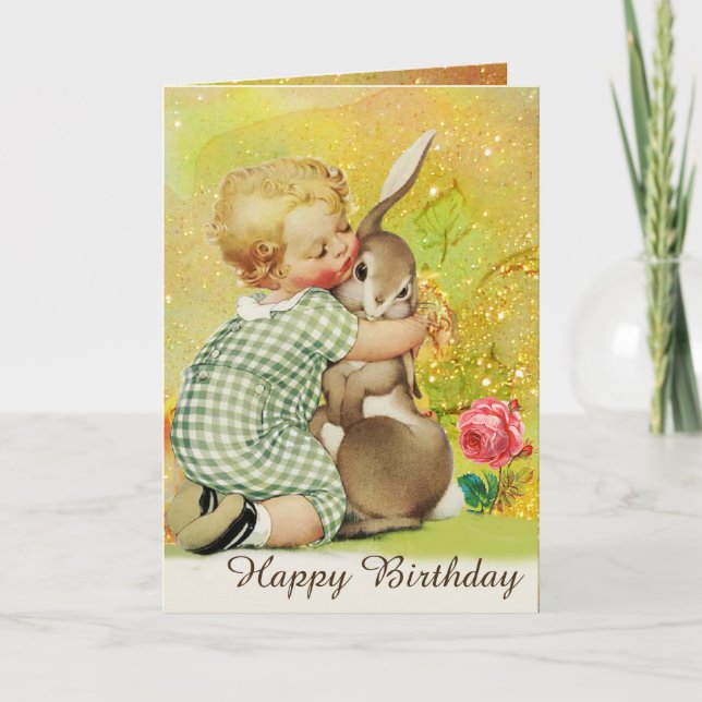 BABY HUGGING RABBIT,Pink Roses,Yellow Birthday Holiday Card (Front)