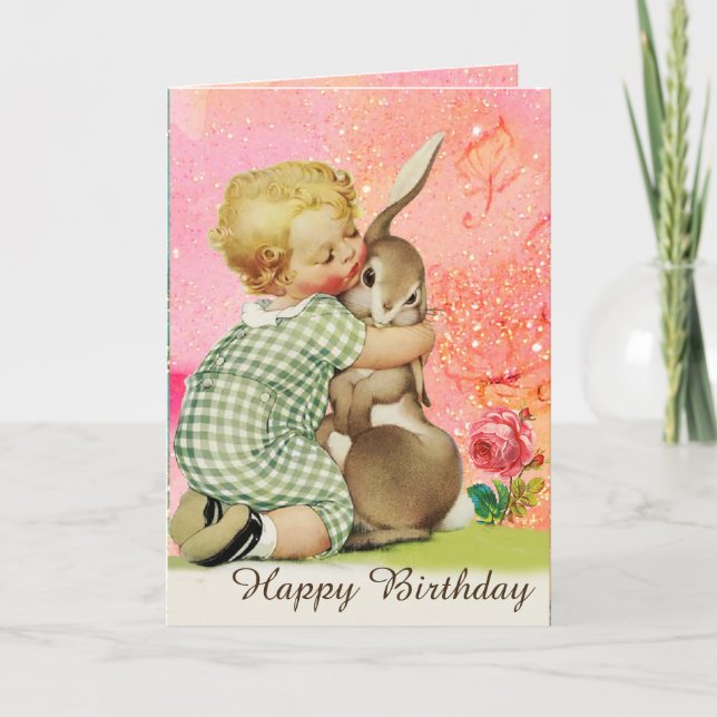 BABY HUGGING RABBIT,Sparkling Pink Roses Birthday Holiday Card (Front)