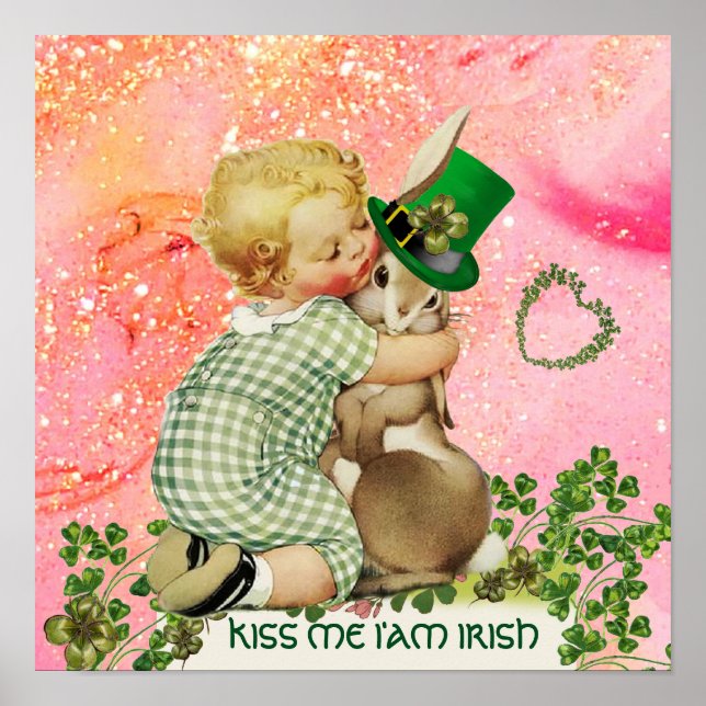 BABY HUGGING RABBIT St.Patrick's Day,Pink Floral Poster (Front)