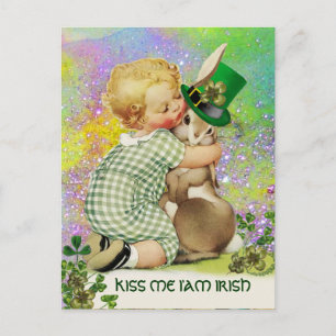 BABY HUGGING RABBIT St. Patrick's Day Shamrocks Postcard