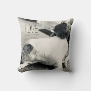 baby hugs dog pitbull love simple black white cushion