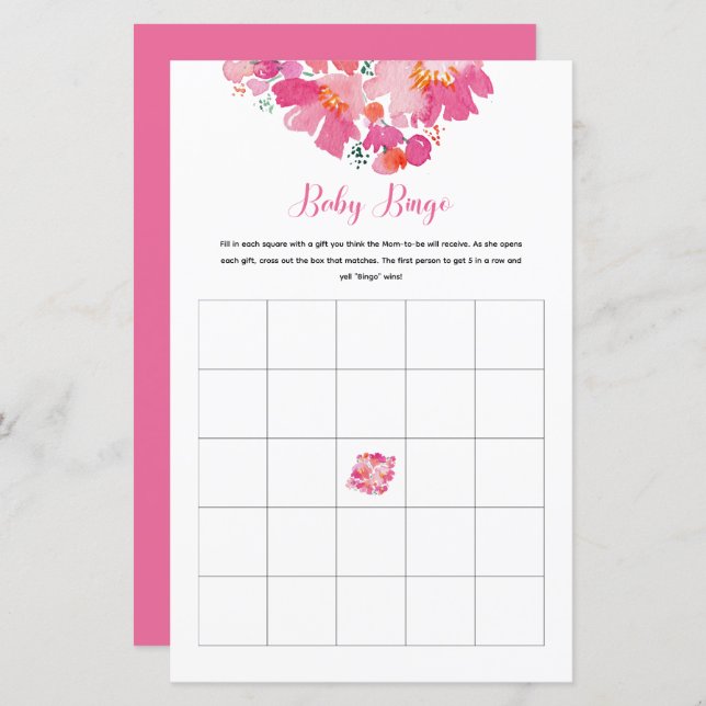 Baby in Bloom Baby Shower Bingo Game Activity (Front/Back)