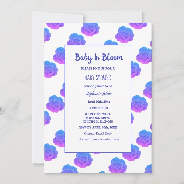 Baby In Bloom Baby Shower Blue Purple Pink Cute Invitation (Front)