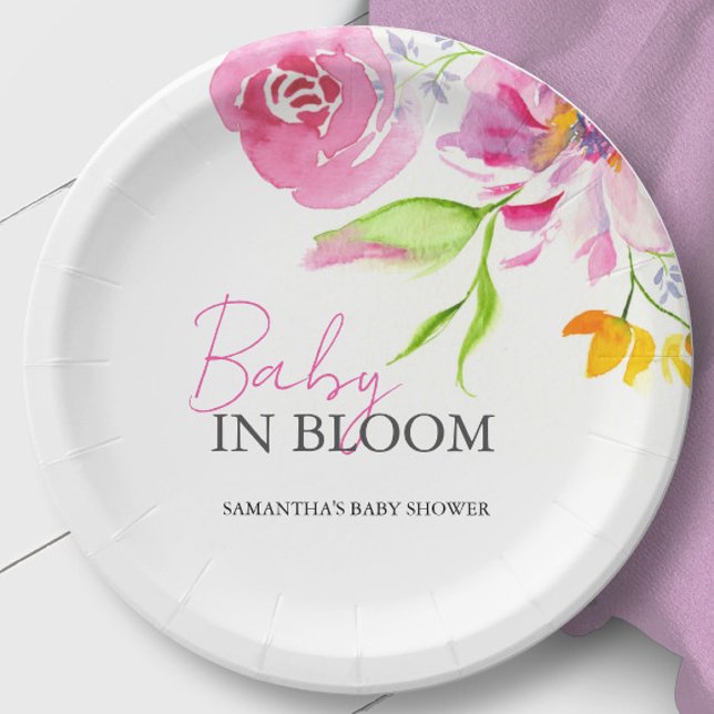 Baby in Bloom Baby Shower Disposable Paper Plate (Baby in bloom baby shower paper plates floral watercolor art by Victoria Grigaliunas Do Tell A Belle)