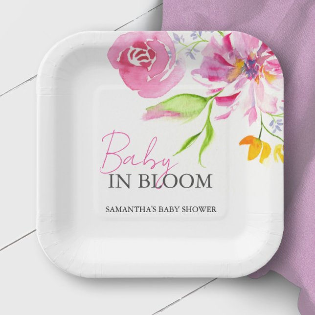 Baby in Bloom Baby Shower Disposable Paper Plate (Baby in bloom baby shower decor paper plates watercolor floral art by Victoria Grigaliunas)