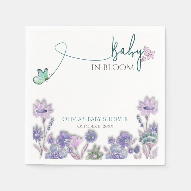 Baby In Bloom Baby Shower Purple Floral  Napkin (Front)