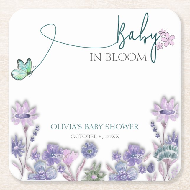 Baby In Bloom Baby Shower Purple Floral  Square Paper Coaster (Front)