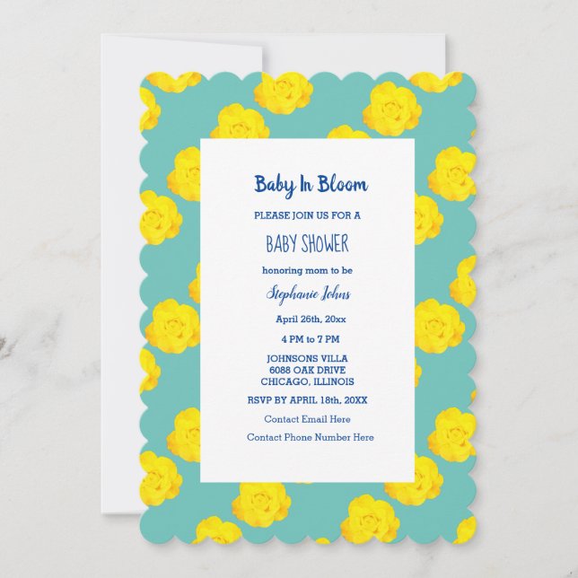 Baby In Bloom Baby Shower Teal Yellow Roses Floral Invitation (Front)