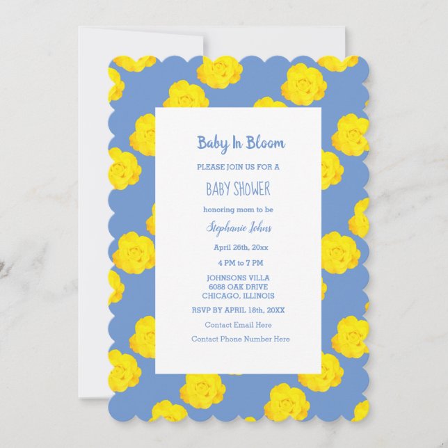 Baby In Bloom Baby Shower Yellow Cornflower Blue Invitation (Front)