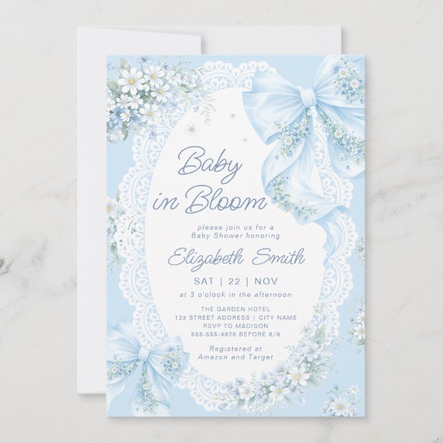 Baby in Bloom Blue Bow Floral Boy Baby Shower Invitation (Front)