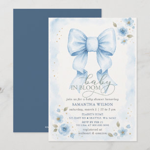 Baby in Bloom Blue Bow Floral Boy Baby Shower Invitation