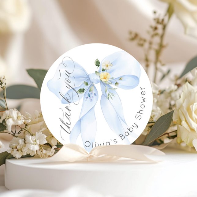 Baby in Bloom Blue Bow Floral Thank you Classic Round Sticker (Creator Uploaded)