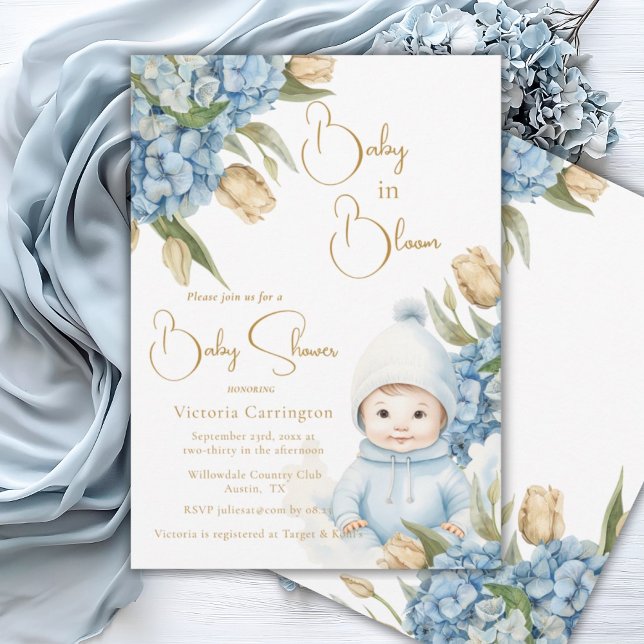 Baby in Bloom Blue Floral Baby Boy Invitation (Creator Uploaded)