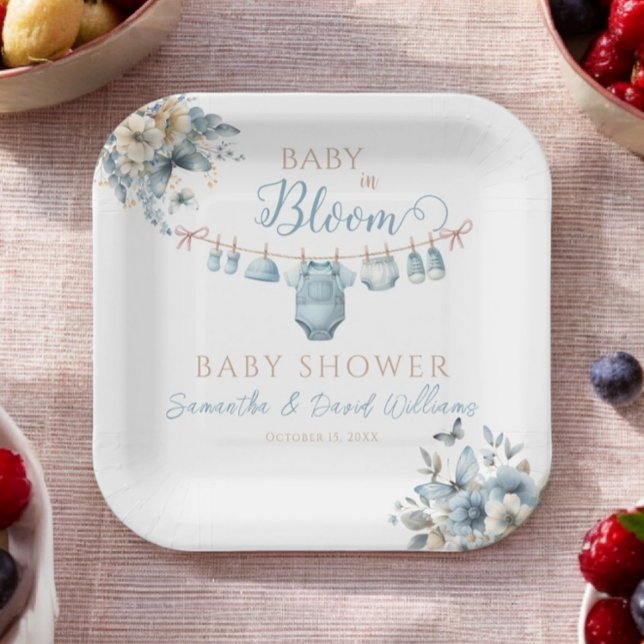 Baby In Bloom Blue Floral  Baby Boy Shower Paper Plate (Creator Uploaded)