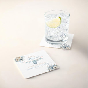 Baby In Bloom Blue Floral  Baby Boy Shower Square Paper Coaster