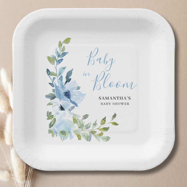 Baby In Bloom Blue Floral Baby Shower Paper Plate (Creator Uploaded)
