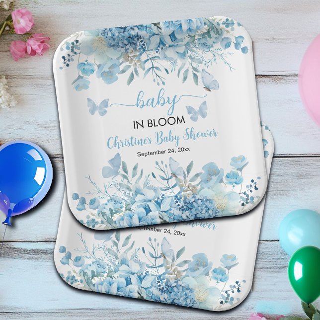Baby in Bloom Blue Floral Baby Shower  Paper Plate (Creator Uploaded)