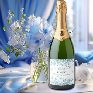 Baby in Bloom Blue Floral Baby Shower Sparkling Wine Label