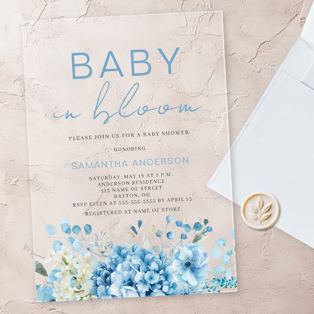 Baby In Bloom Blue Floral Boy Baby Shower  Acrylic Invitations (Creator Uploaded)