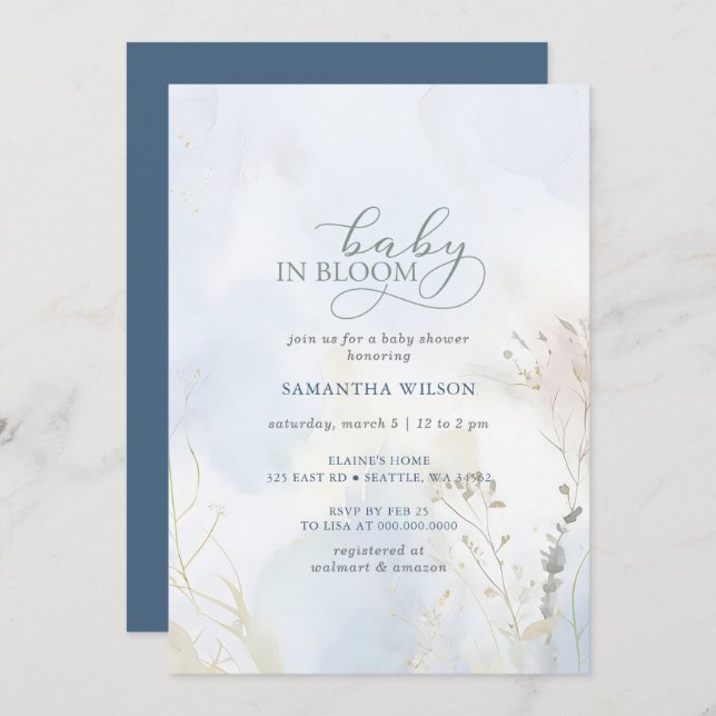 Baby in Bloom Blue Floral Boy Baby Shower Invitation (Front/Back)