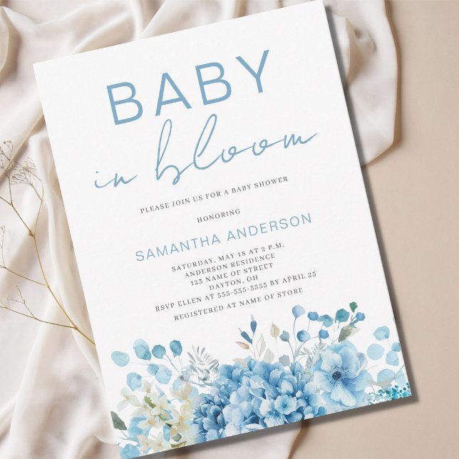 Baby In Bloom Blue Floral Boy Baby Shower  Invitation (Creator Uploaded)
