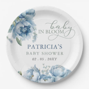 Baby in Bloom Blue Floral Boy Baby Shower Paper Plate