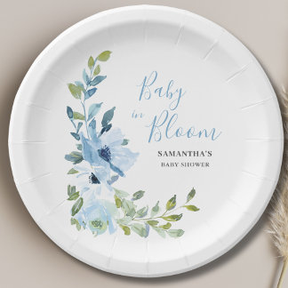 Baby In Bloom Blue Floral Boy Baby Shower Paper Plate