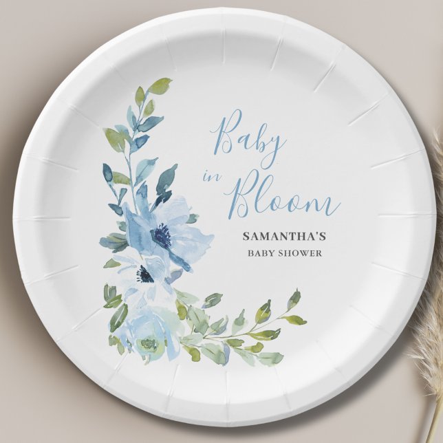 Baby In Bloom Blue Floral Boy Baby Shower Paper Plate (Creator Uploaded)