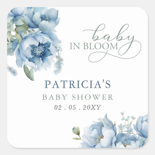 Baby in Bloom Blue Floral Boy Baby Shower Square Sticker (Front)