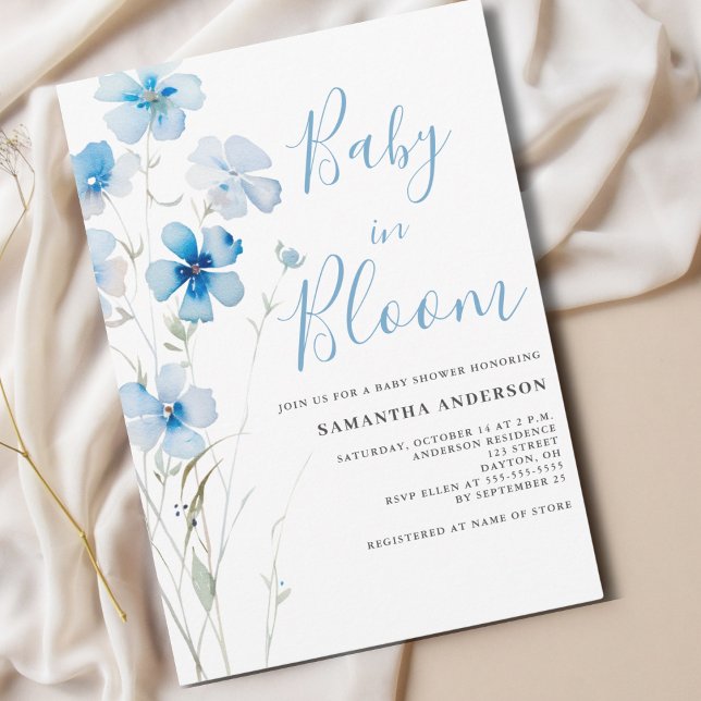 Baby In Bloom Blue Floral Boy Shower Invitation (Creator Uploaded)