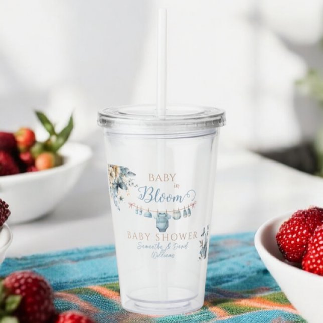 Baby In Bloom Blue Floral Elegant Baby Boy Shower Acrylic Tumbler (Creator Uploaded)