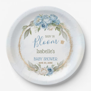 Baby In Bloom Blue Floral Elegant Boy Baby Shower Paper Plate