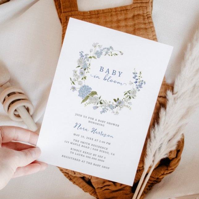 Baby in Bloom Blue Floral Wreath Baby Shower Invitation (Creator Uploaded)