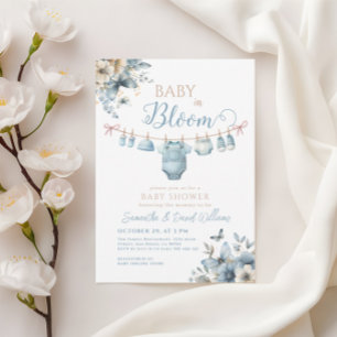 Baby In Bloom Blue Flower Butterfly Baby Shower Invitation