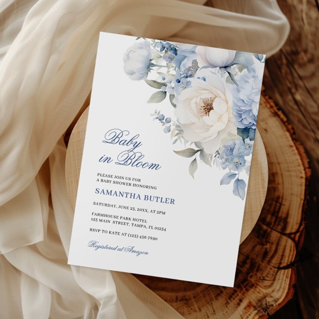 Baby in Bloom Blue Flowers Baby Shower Invitation (Creator Uploaded)