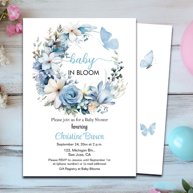 Baby in Bloom Blue Garland Baby Shower Invitation (Creator Uploaded)