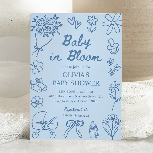 Baby in Bloom Blue Hand Drawn Boy Baby Shower Invitation (Creator Uploaded)