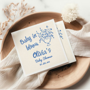 Baby In Bloom Blue Hand Drawn Floral Baby Shower Napkin