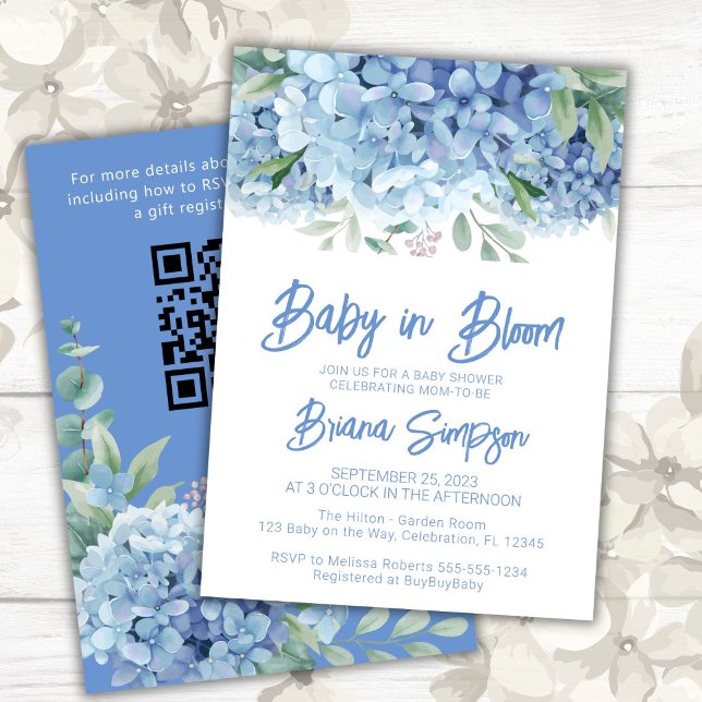 Baby in Bloom Blue Hydrangeas Baby Shower Invitation (Creator Uploaded)
