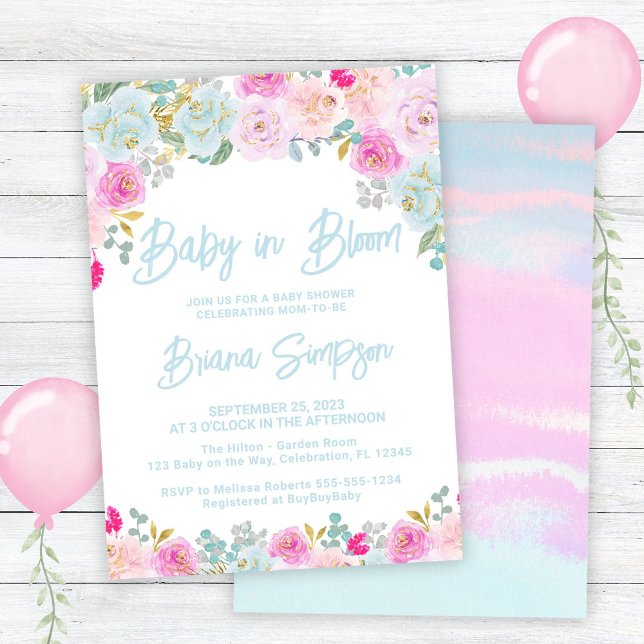 Baby in Bloom Blue Pink Peach Floral Baby Shower Invitation (Creator Uploaded)