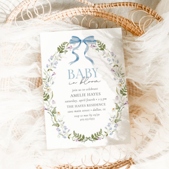 Baby in Bloom Blue Spring Floral Bow Baby Shower Invitation (Creator Uploaded)