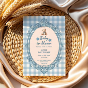baby in bloom blue teddy gingham baby shower invitation
