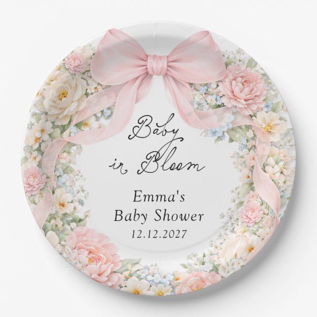 Baby in Bloom Blush Pink Bow Floral Baby Shower Paper Plate (Front)