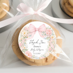 Baby in Bloom Blush Pink Bow Thank You Classic Round Sticker