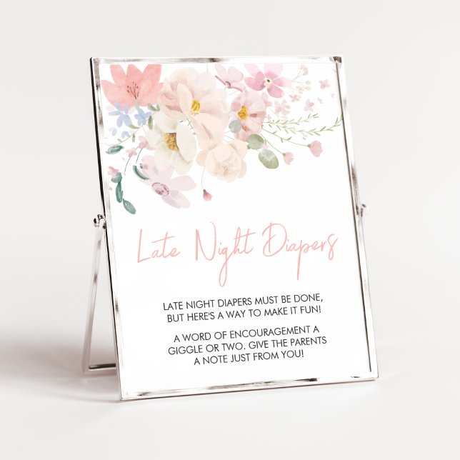 Baby in Bloom Blush Pink Floral Late Night Diapers Poster (Blush Pink Floral Baby in Bloom Baby Shower Late Night Diapers Sign)