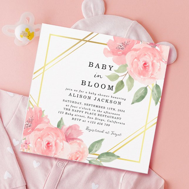 Baby in Bloom Blush Pink Gold Floral Baby Shower Invitation (Baby in Bloom Baby Shower Invitation)