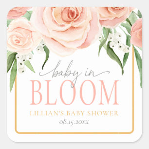 Baby in Bloom Blush Pink Rose Floral Baby Shower Square Sticker